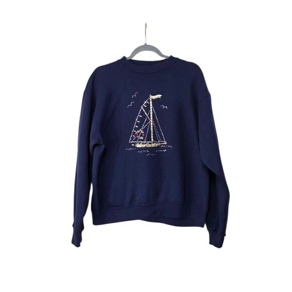 Vintage Christine Alexander Navy Blue Rhinestone Sailboat Sweatshirt, Size Large - Picture 1 of 11